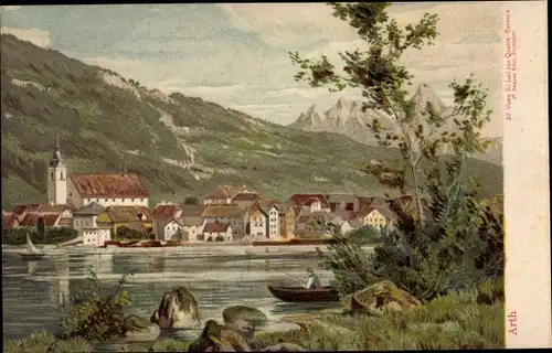 Künstler Ak Arth Kanton Schwyz, Blick auf den Ort