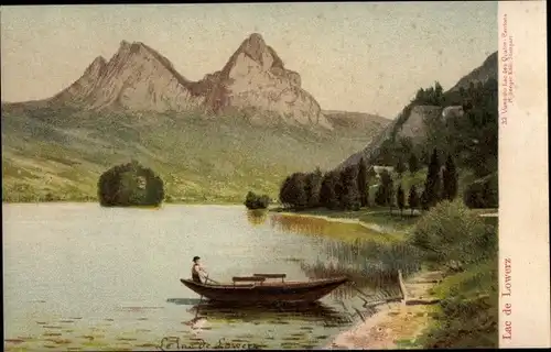 Künstler Ak Kanton Schwyz, Lac de Lowerz, Ruderboot, Berge