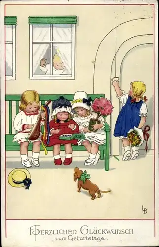 Künstler Ak Glückwunsch Geburtstag, Mädchen, Blumen, Dackel