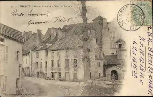 Ak Gemeaux Côte-d’Or, Rue et Fontaine, Sous la Roche