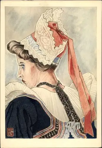 Künstler Ak Geo Fourrier, G., Pont Aven Finistère, Guyonne de Nizon, Frau in bretonischer Tracht