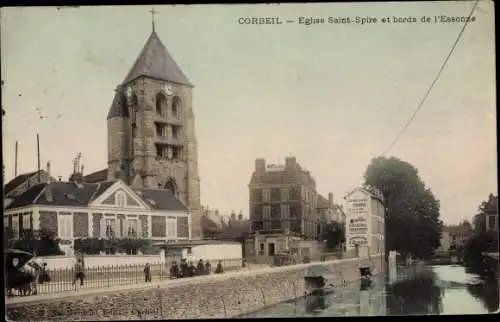Ak Corbeil Essonne, église Saint Spire et bords de l'Essonne
