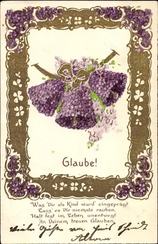 Präge Litho Allegorie, Glaube, Glocken, Veilchen