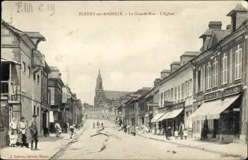 Ak Fleury sur Andelle Eure, La Grande Rue, Église