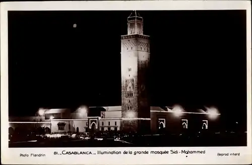 Ak Casablanca Marokko, Illumination de la grande mosquee Sidi Mohammed