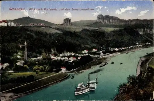 Ak Bad Schandau Sächsische Schweiz, Blick nach Postelwitz, Schrammsteine, Dampfer