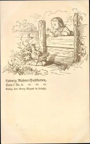 Künstler Ak Richter, Ludwig, Kind mit Huhn, Serie I Nr. 9