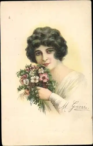 Künstler Ak Gini, M., Portrait einer Frau mit Blumenstrauß