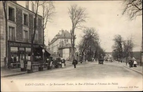 Ak Saint Cloud Hauts de Seine, Le Restaurant Texier, la Rue d'Orleans et l'Avenue du Palais