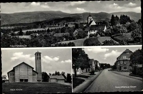 Ak Fautenbach Achern Baden Württemberg, Neue Kirche, Geschäftshaus Glaser