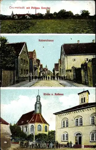 Ak Crumstadt Riedstadt Hessen, Philipps Hospital, Kaiserstraße, Kirche und Rathaus