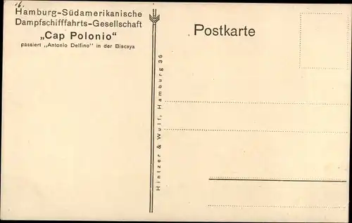 Künstler Ak Dampfschiff Cap Polonio passiert Antonio Delfino in der Biscaya, HSDG