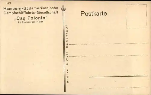 Künstler Ak Dampfschiff Cap Polonio im Hamburger Hafen, HSDG