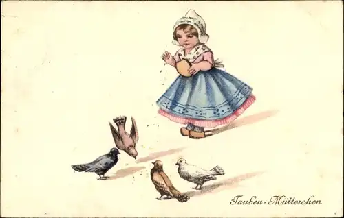 Künstler Ak Taubenmütterchen, Kind füttert Tauben