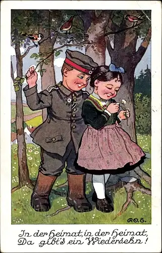 Künstler Ak Junge in Uniform, Liebespaar, In der Heimat..