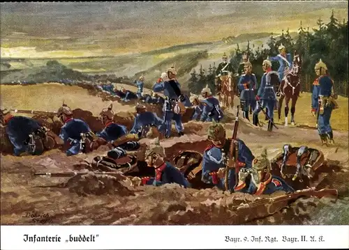 Künstler Ak Döbrich-Steglitz, Infanterie buddelt, Bayr 9 Inf Rgt Bayr II A k