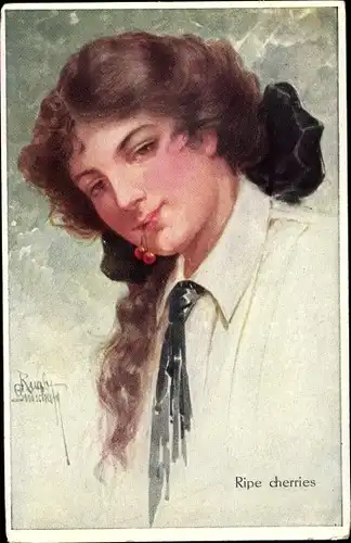 Künstler Ak Ripe cherries, Junge Frau mit Kirschen im Mund