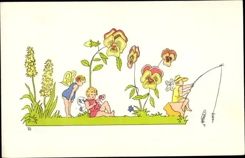 Künstler Ak Elfen auf einer Blumenwiese beim Angeln, Stiefmütterchen