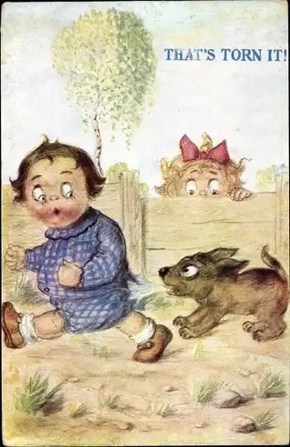 Künstler Ak That's torn it, Hund zerreist Hose von Jungen