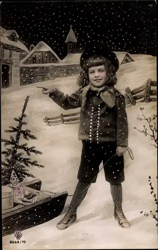 Ak Kind mit Schlitten im Schneefall
