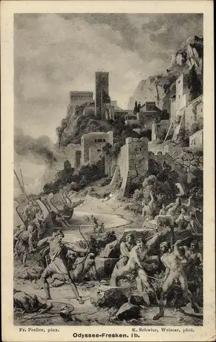 Künstler Ak Preller, Fr., Odyssee Fresken I b, Kampf mit den Kikonen