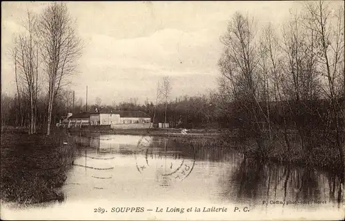 Ak Souppes sur Loing Seine et Marne, Le Loing et la Laiterie