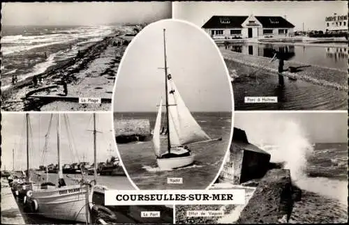 Ak Courseulles sur Mer Calvados, La Plage, Yacht, Parc à Huitres, Le Port