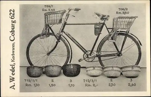 Ak Coburg in Oberfranken, Korbwaren A. Wedel, Fahrrad