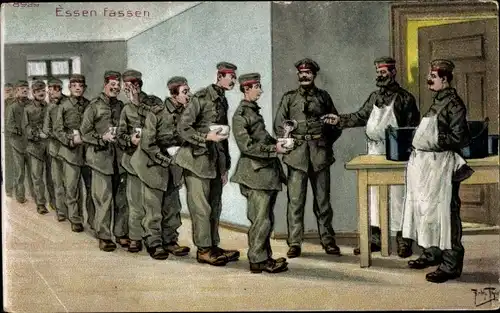 Künstler Ak Thiele, A., Essen fassen, deutsche Soldaten, Kantine, Bruno Bürger 8929