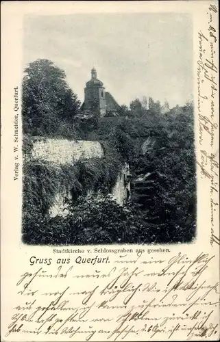 Ak Querfurt im Saalekreis, Stadtkirche vom Schlossgarben