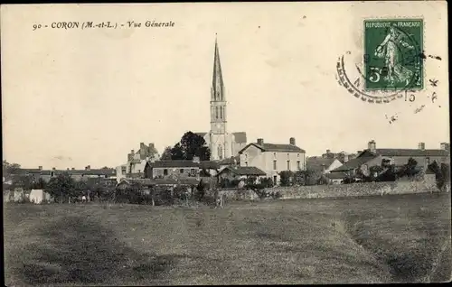 Ak Coron Maine et Loire, Vue Générale, Église