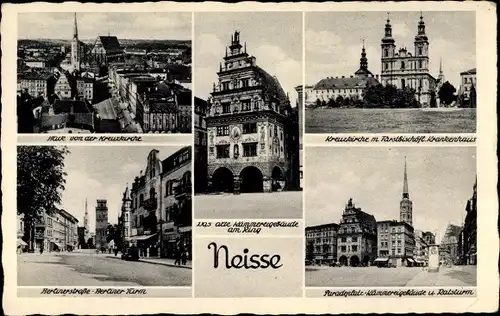Ak Nysa Neisse Schlesien,Kreuzkirche, Paradeplatz, Ratsturm, Berliner Turm