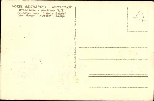 Ak Wiesbaden in Hessen, Hotel Reichspost, Nicolasstr. 16, Hauptbahnhof
