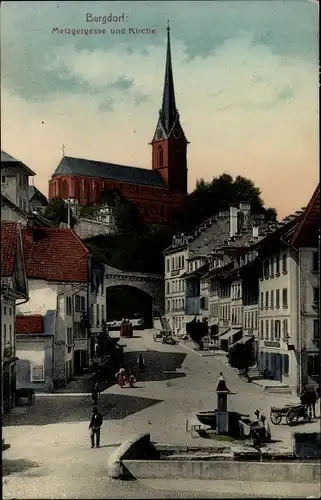 Ak Burgdorf Kanton Bern, Metzgergasse und Kirche