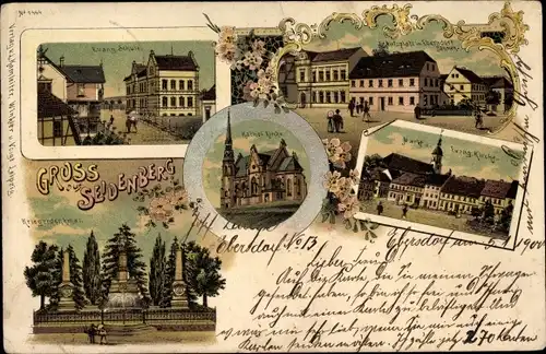 Litho Zawidów Seidenberg Schlesien, Evang Schule, Kriegerdenkmal, Markt, Evang Kirche