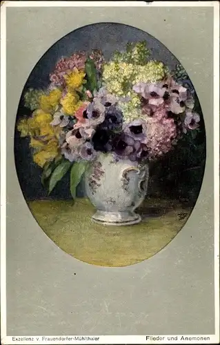 Künstler Ak Frauendorfer Mühlthaler, Flieder und Anemonen, Blumenvase