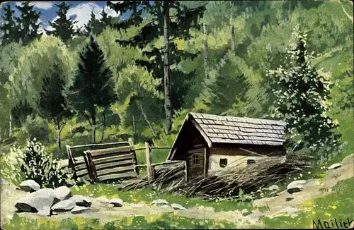 Künstler Litho Mailick, Hütte am Waldrand
