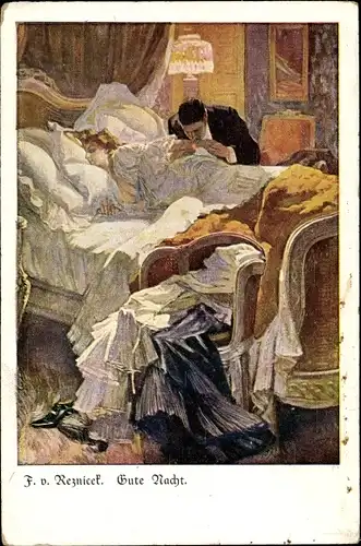 Künstler Ak Rezinicek, Ferdinand von, Gute Nacht, Mann küsst Frau im Bett