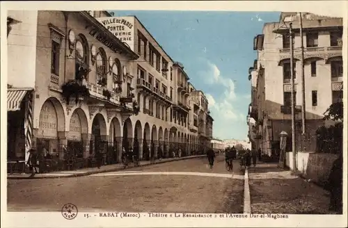 Ak Rabat Marokko, Theatre La Renaissance et l'Avenue Dar el Maghzen