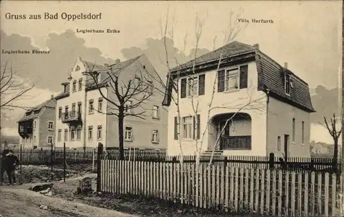 Ak Bogatynia Bad Oppelsdorf Schlesien, Villa Herfurth, Logierhaus Erika, Förster
