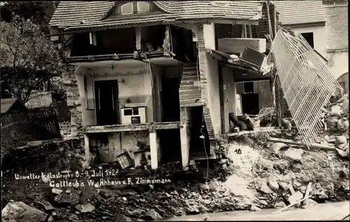 Foto Ak Bad Gottleuba Berggießhübel in Sachsen, Unwetterkatastrophe 1927, Hausruine