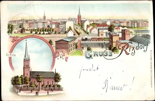 Litho Berlin Neukölln Rixdorf, Blick auf den Ort, evangelische Kirche