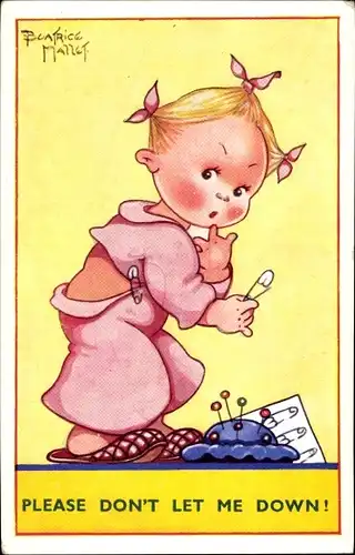 Künstler Ak Mallet, Beatrice, Please don't let me down, Mädchen fixiert Hose mit Sicherheitsnadeln