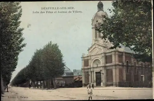 Ak Deauville sur Mer Calvados, Salle des Fêtes et Avenue de Villers