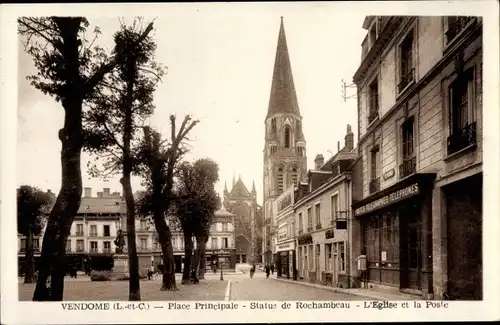 Ak Vendôme Loir et Cher, Place Principale, Statue de Rochambeau, L'Église, la Poste