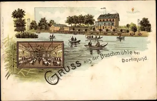 Litho Dortmund im Ruhrgebiet, Etablissement Buschmühle, Wasserpartie, Bootsfahrt