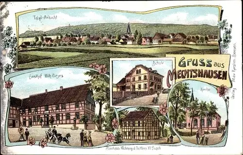 Litho Seesen in Niedersachsen, Totalansicht, Schule, Kirche, Pfarrhaus, Gasthof