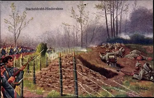 Künstler Ak Höllerer, F., Deutsche gegen Französische Soldaten, Stacheldrahthindernisse
