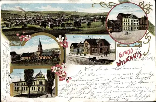 Litho Wilkau Haßlau in Sachsen, Kirche, Bahnhof, Gasthof Stadt Kirchberg, Schule