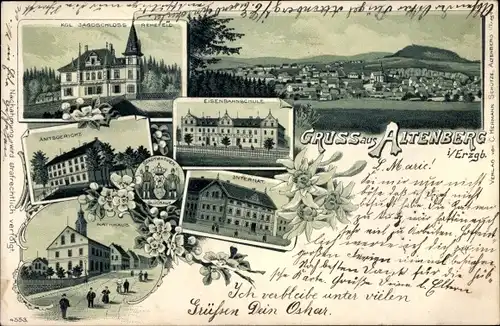 Litho Altenberg im Erzgebirge, Jagdschloss Rehefeld, Eisenbahnschule, Internat